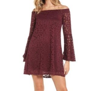 As U Wish Off the Shoulder Maroon Lace Dress